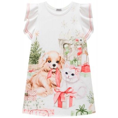  Vestido Natal Cachorrinha e Gatinha com Presentes - Off White